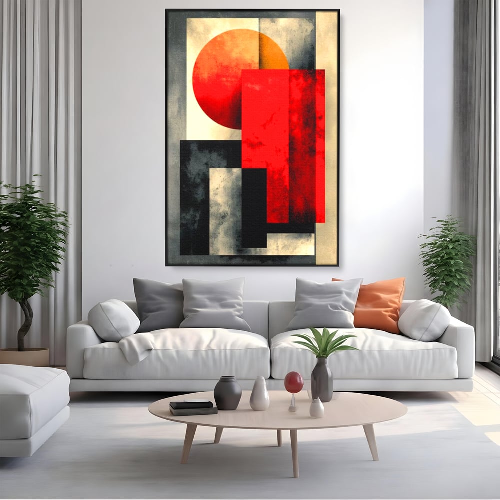 Tablou canvas cu tablou abstract geometric cu soare rosu, in rama de aluminiu negru, pe perete intr-un living